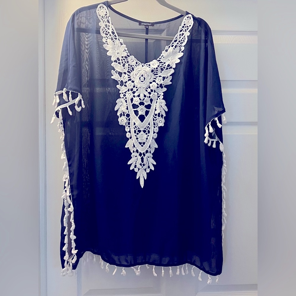 Navy Blue Cover-Up with White Crochet Details